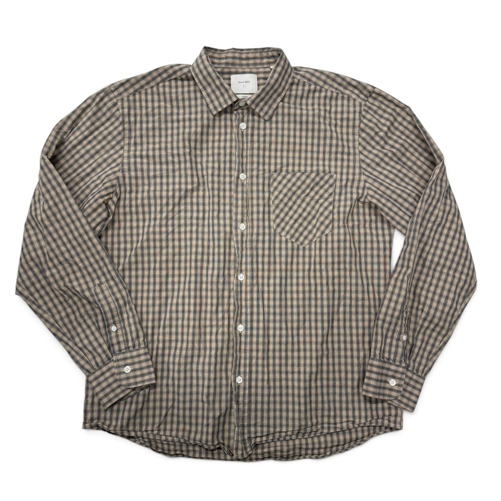 Billy Reid Button Down Shirt Mens Large Standard Fit Cotton Plaid Tan Navy Blue